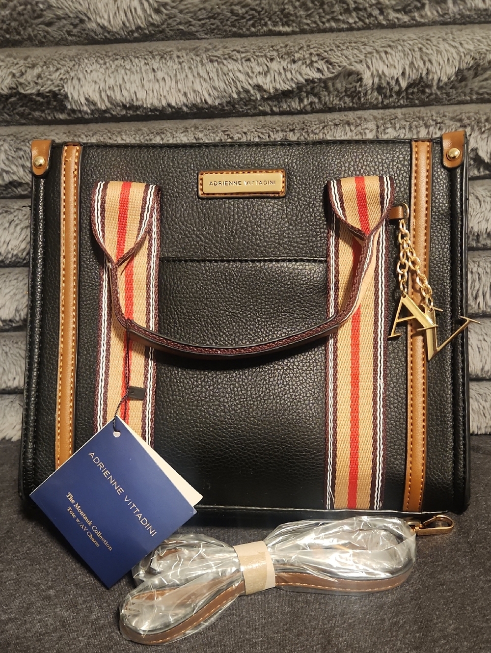 Adrienne Vittadini Black Satchel with Tan Trim & Red-Striped Handles